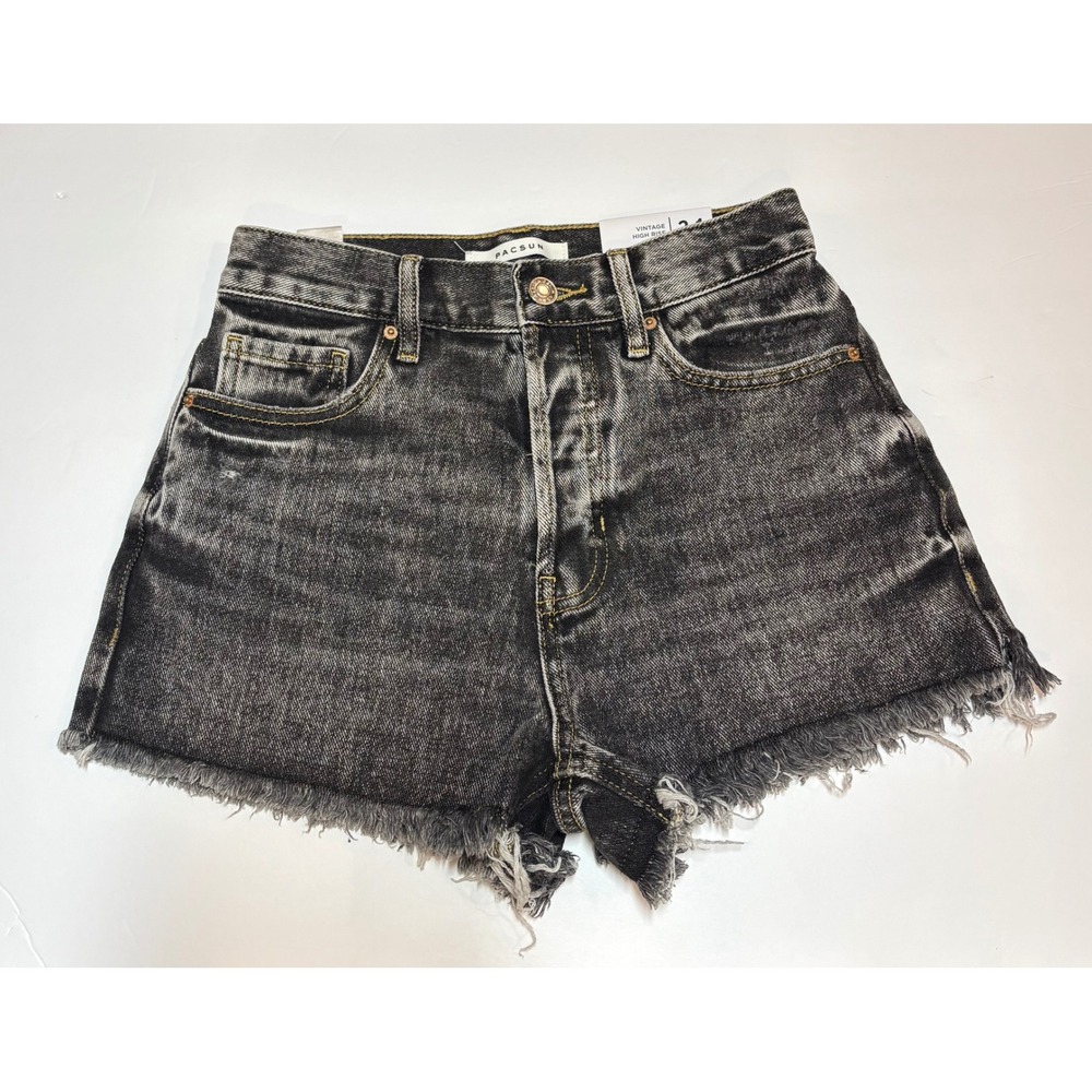 PacSun NWT Vintage HR Black Washed Frayed Denim Jean Shorts Size 24" Waist